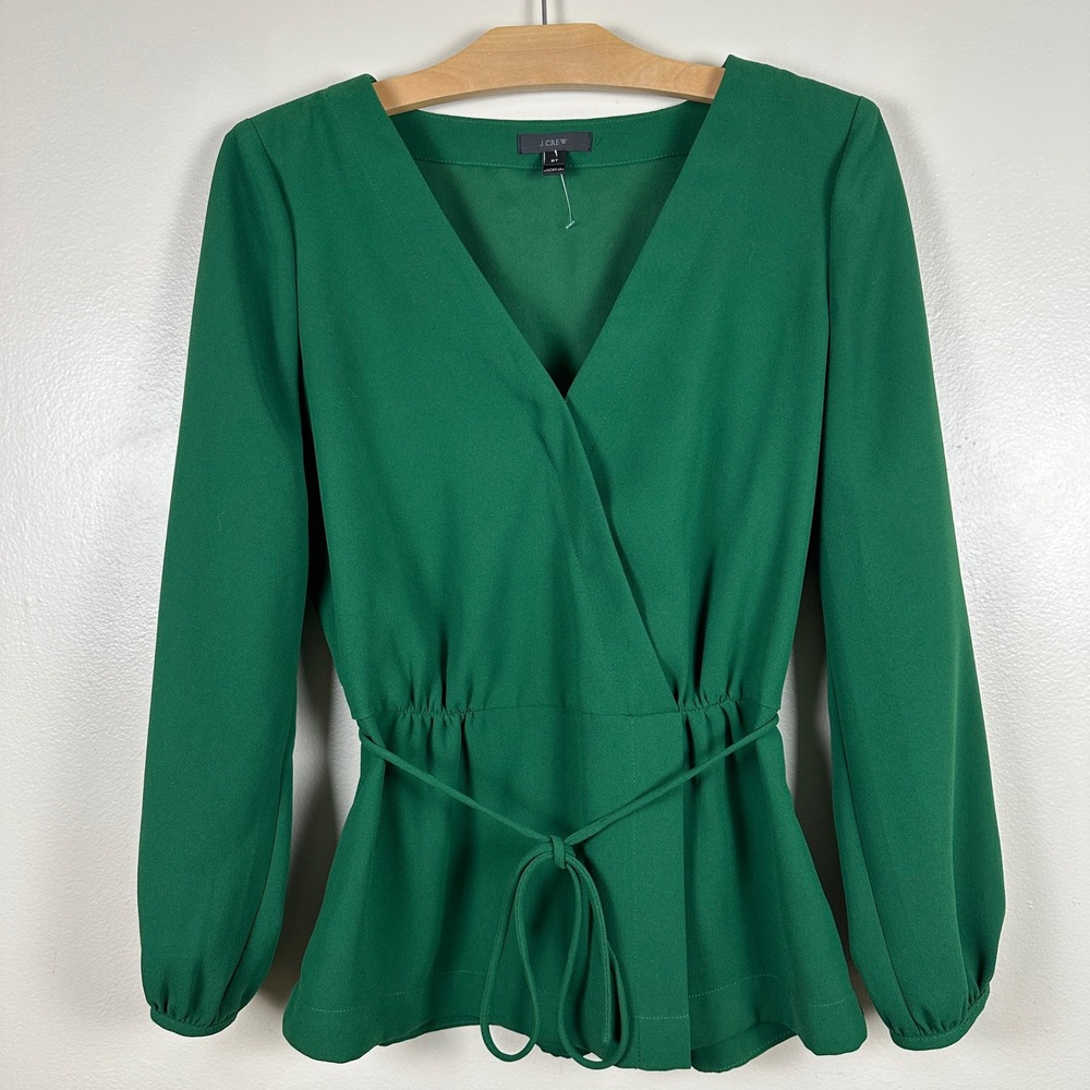 J.Crew Women's 8T Wrap Top Green Long‎ Sleeve Tie Waist NEW